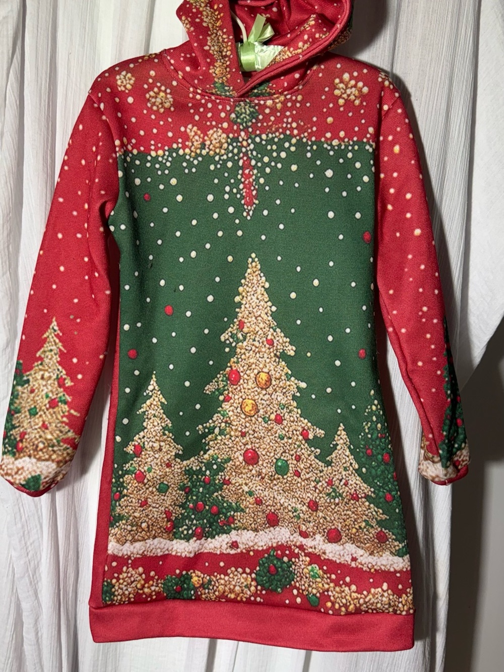 Kids Holiday Hooded Dress - Red & Green Christmas Tree Print